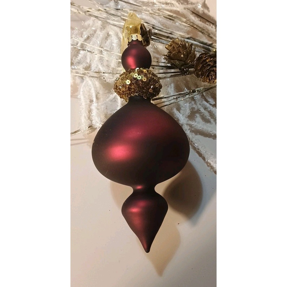 Pair Of Frontgate Glass Ornament Glitter Beaded Maroon‎ & Gold Finial Shape